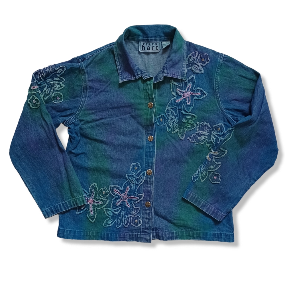 Keren Hart Denim Jacket Blazer Tie dye Airbrush Beaded Applique Relaxed Size M